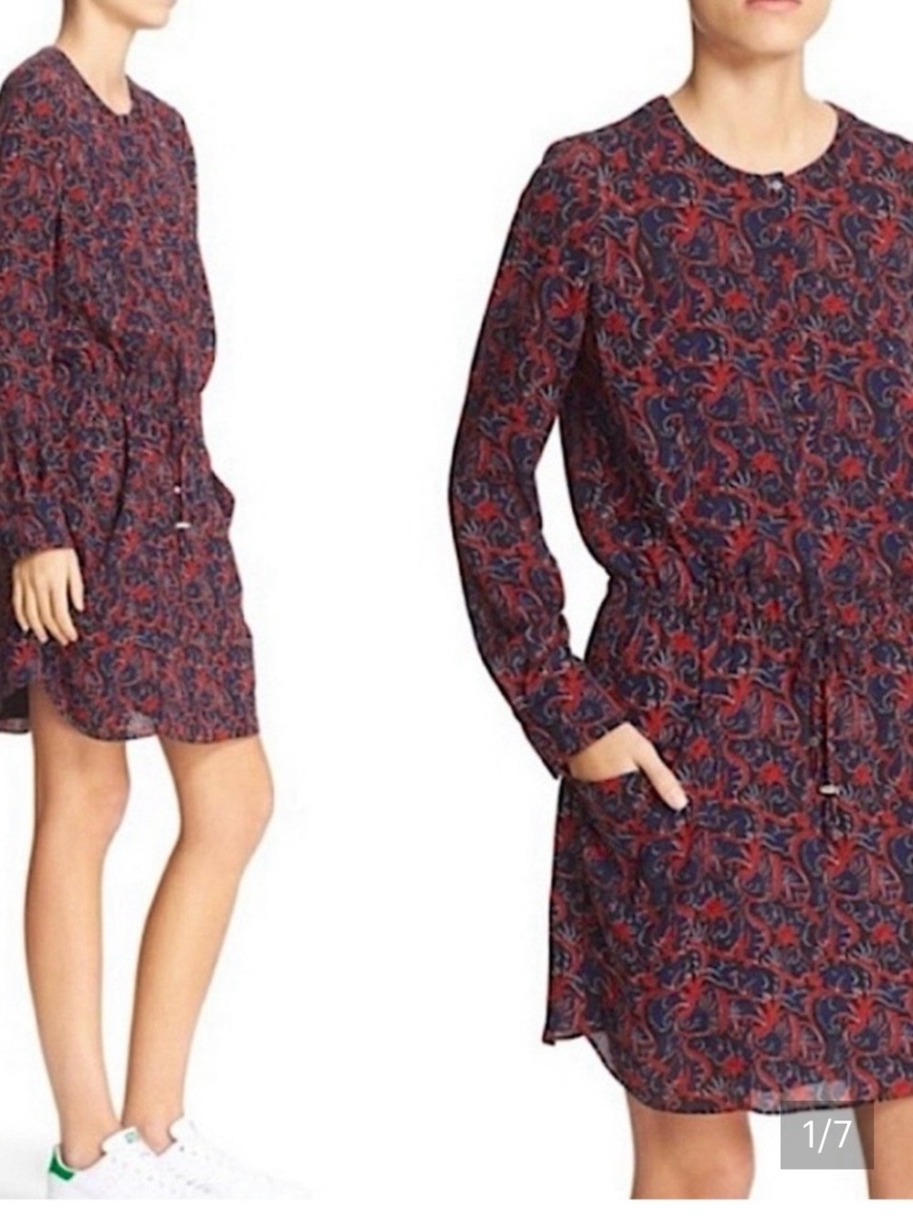 A.L.C. Red & Navy Paisley Drawstring Mini Dress